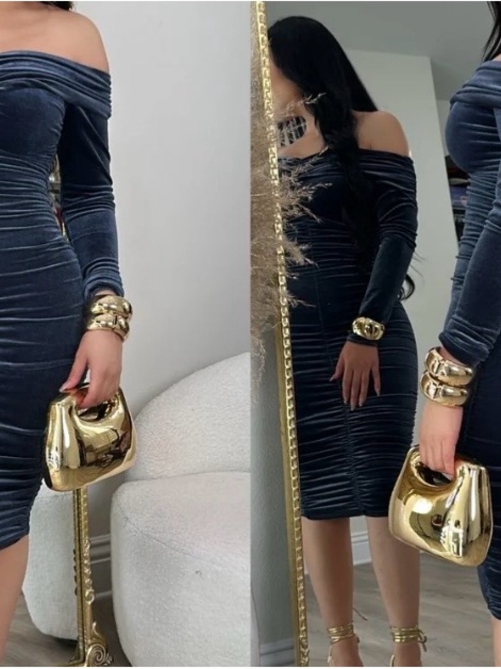 Source Unknown Off-Shoulder Velvet Bodycon Dress in Midnight Blue